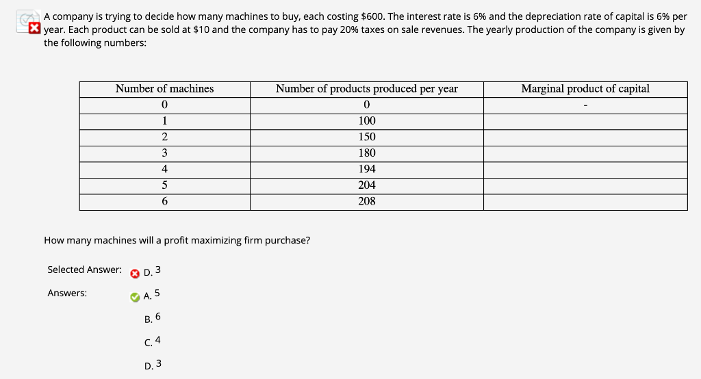 A A company is trying to decide how many machines to buy, each costing $600. The interest rate is 6% and the depreciation rate of capital is 6% per
X year. Each product can be sold at $10 and the company has to pay 20% taxes on sale revenues. The yearly production of the company is given by
the following numbers:
Number of machines
Number of products produced per year
Marginal product of capital
1
100
150
3
180
4
194
5
204
208
How many machines will a profit maximizing firm purchase?
Selected Answer:
O D. 3
Answers:
O A, 5
В, 6
С. 4
D. 3
