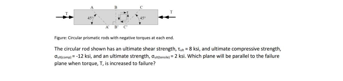 А
45°
45°
A'
B' C'
Figure: Circular prismatic rods with negative torques at each end.
The circular rod shown has an ultimate shear strength, tult = 8 ksi, and ultimate compressive strength,
Oult(comp) = -12 ksi, and an ultimate strength, oultensile) = 2 ksi. Which plane will be parallel to the failure
plane when torque, T, is increased to failure?
%3D
