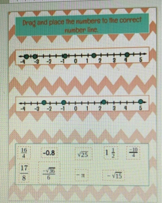 Drag and place the numbers to the correct
number line.
++++
43-2 -1 0 1 2 3 4 5
ww
+++++
4 -3 -2 -1 0
1 2
3 4 5
10
16
4.
-0.8
V25
17
V36
6.
8.
