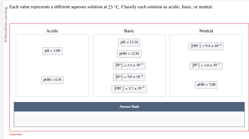 Macmillan Learning
Incorrect
Each value represents a different aqueous solution at 25 °C. Classify each solution as acidic, basic, or neutral.
Acidic
pH = 1.09
Basic
Neutral
pH = 13.24
[OH-] = 9.4 × 10-4
POH = 4.76
POH = 12.91
[H+] = 3.5 x 10-5
[H+] =
= 5.8 × 10-8
[OH-] = 5.7 × 10-9
[H+] = 1.0 × 10-7
POH = 7.00
Answer Bank