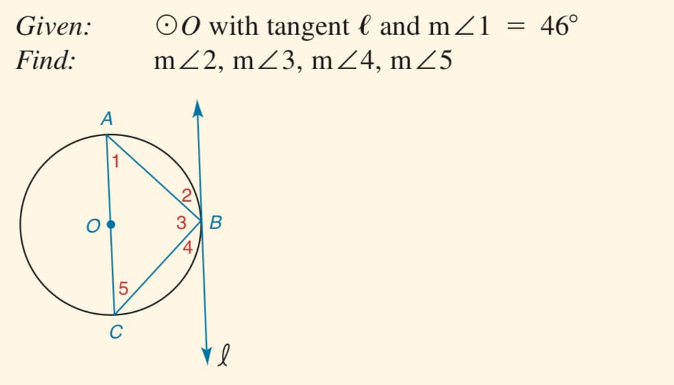 Given:
00 with tangent l and mZ1 :
46°
Find:
mZ2, mZ3, mZ4, m25
A
3
4,
5,
