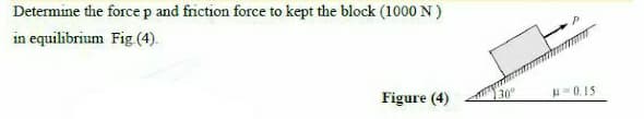 Determine the force p and friction force to kept the block (1000 N )
in equilibrium Fig (4).
Figure (4)
30
-0.15
