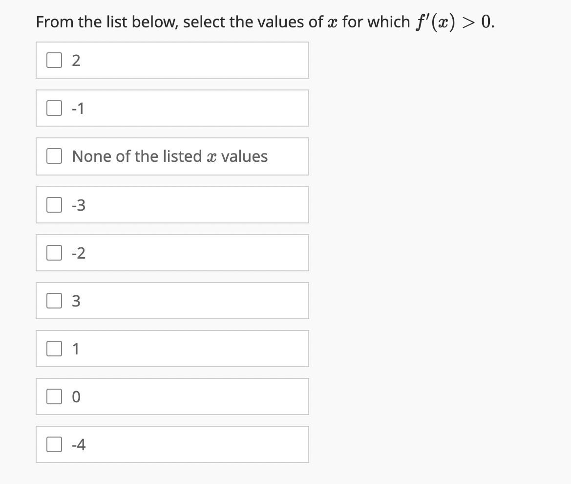 From the list below, select the values of x for which f'(x) > 0.
2
-1
None of the listed x values
-3
-2
3
1
-4