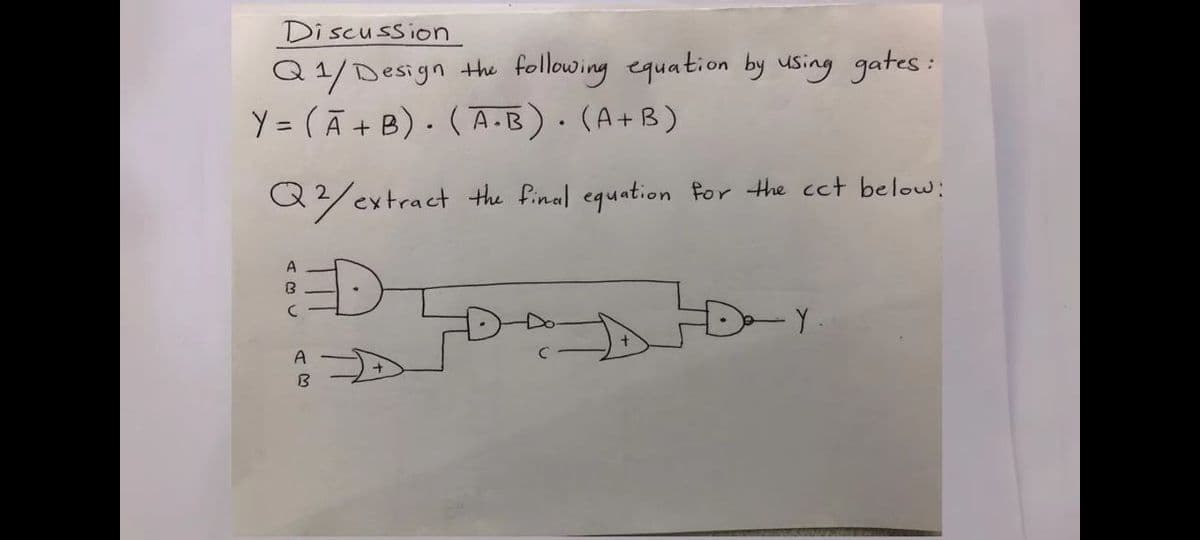 Discussion
Q1/Design the following equation by using gates:
Y= (A + B). (A.B). (A+B)
Q2/extract the final equation for the cct below:
A
Y
B
A
B