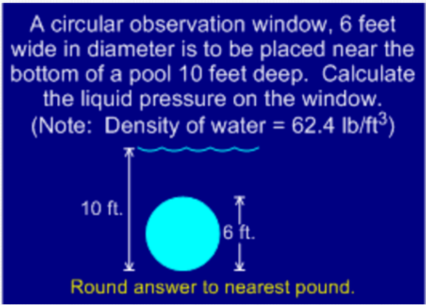 A circular observation window, 6 feet
wide in diameter is to be placed near the
bottom of a pool 10 feet deep. Calculate
the liquid pressure on the window.
(Note: Density of water = 62.4 lb/ft³)
10 ft.
6 ft.
Round answer to nearest pound.
