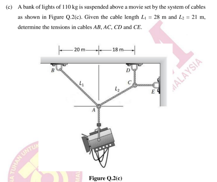 (c) A bank of lights of 110 kg is suspended above a movie set by the system of cables
as shown in Figure Q.2(c). Given the cable length L1 = 28 m and L2 = 21 m,
determine the tensions in cables AB, AC, CD and CE.
- 20 m-
18 m-
B
E
Figure Q.2(c)
TUHAN UNTUR
MAL
MALAYSIA
