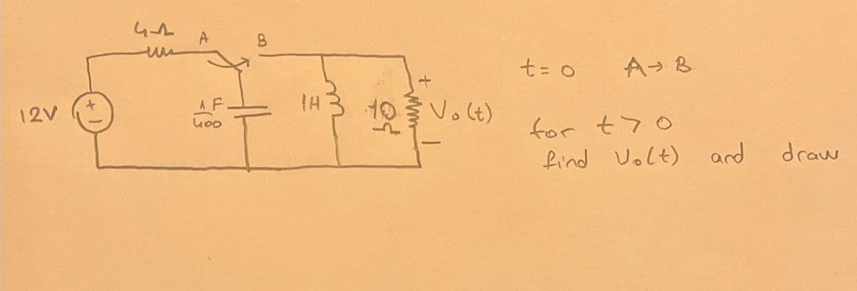 12V
41
un
A
AF
4100
B
1H
र
10 V. (t)
—
t = o
A → B
for t70
find Volt)
and
draw