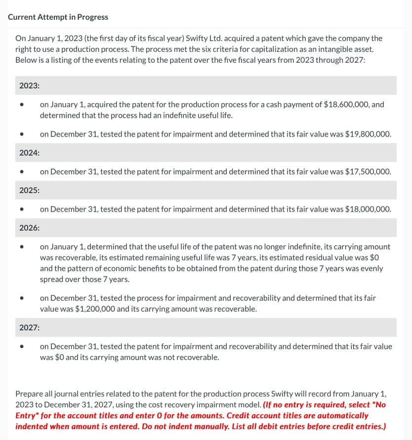 Current Attempt in Progress
On January 1, 2023 (the first day of its fiscal year) Swifty Ltd. acquired a patent which gave the company the
right to use a production process. The process met the six criteria for capitalization as an intangible asset.
Below is a listing of the events relating to the patent over the five fiscal years from 2023 through 2027:
2023:
2024:
on January 1, acquired the patent for the production process for a cash payment of $18,600,000, and
determined that the process had an indefinite useful life.
on December 31, tested the patent for impairment and determined that its fair value was $19,800,000.
2026:
on December 31, tested the patent for impairment and determined that its fair value was $17,500,000.
2025:
on December 31, tested the patent for impairment and determined that its fair value was $18,000,000.
on January 1, determined that the useful life of the patent was no longer indefinite, its carrying amount
was recoverable, its estimated remaining useful life was 7 years, its estimated residual value was $0
and the pattern of economic benefits to be obtained from the patent during those 7 years was evenly
spread over those 7 years.
on December 31, tested the process for impairment and recoverability and determined that its fair
value was $1,200,000 and its carrying amount was recoverable.
2027:
on December 31, tested the patent for impairment and recoverability and determined that its fair value
was $0 and its carrying amount was not recoverable.
Prepare all journal entries related to the patent for the production process Swifty will record from January 1,
2023 to December 31, 2027, using the cost recovery impairment model. (If no entry is required, select "No
Entry" for the account titles and enter 0 for the amounts. Credit account titles are automatically
indented when amount is entered. Do not indent manually. List all debit entries before credit entries.)