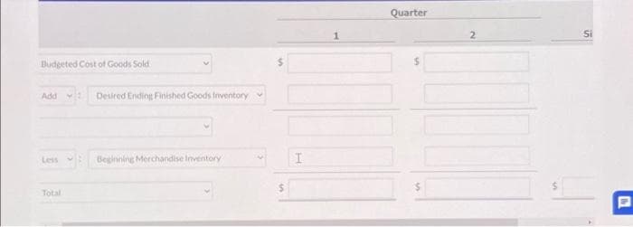 Budgeted Cost of Goods Sold
Add
Less
Total
Desired Ending Finished Goods Inventory
Beginning Merchandise Inventory
M
I
Quarter
$
2
Si