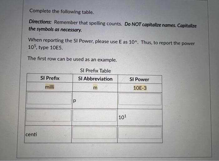 Complete the following table.
Directions: Remember that spelling counts. Do NOT capitalize names. Capitalize
the symbols as necessary.
When reporting the SI Power, please use E as 10^. Thus, to report the power
105, type 10E5.
The first row can be used as an example.
SI Prefix Table
SI Abbreviation
SI Prefix
SI Power
milli
10E-3
101
centi
