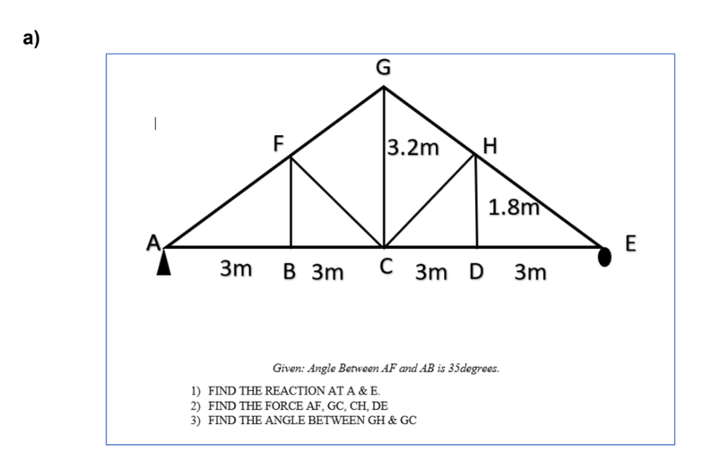 а)
G
|
3.2m
H
1.8m
E
3m
В 3т
C 3m D
3m
Given: Angle Between AF and AB is 35degrees.
1) FIND THE REACTION AT A & E.
2) FIND THE FORCE AF, GC, CH, DE
3) FIND THE ANGLE BETWEEN GH & GC
