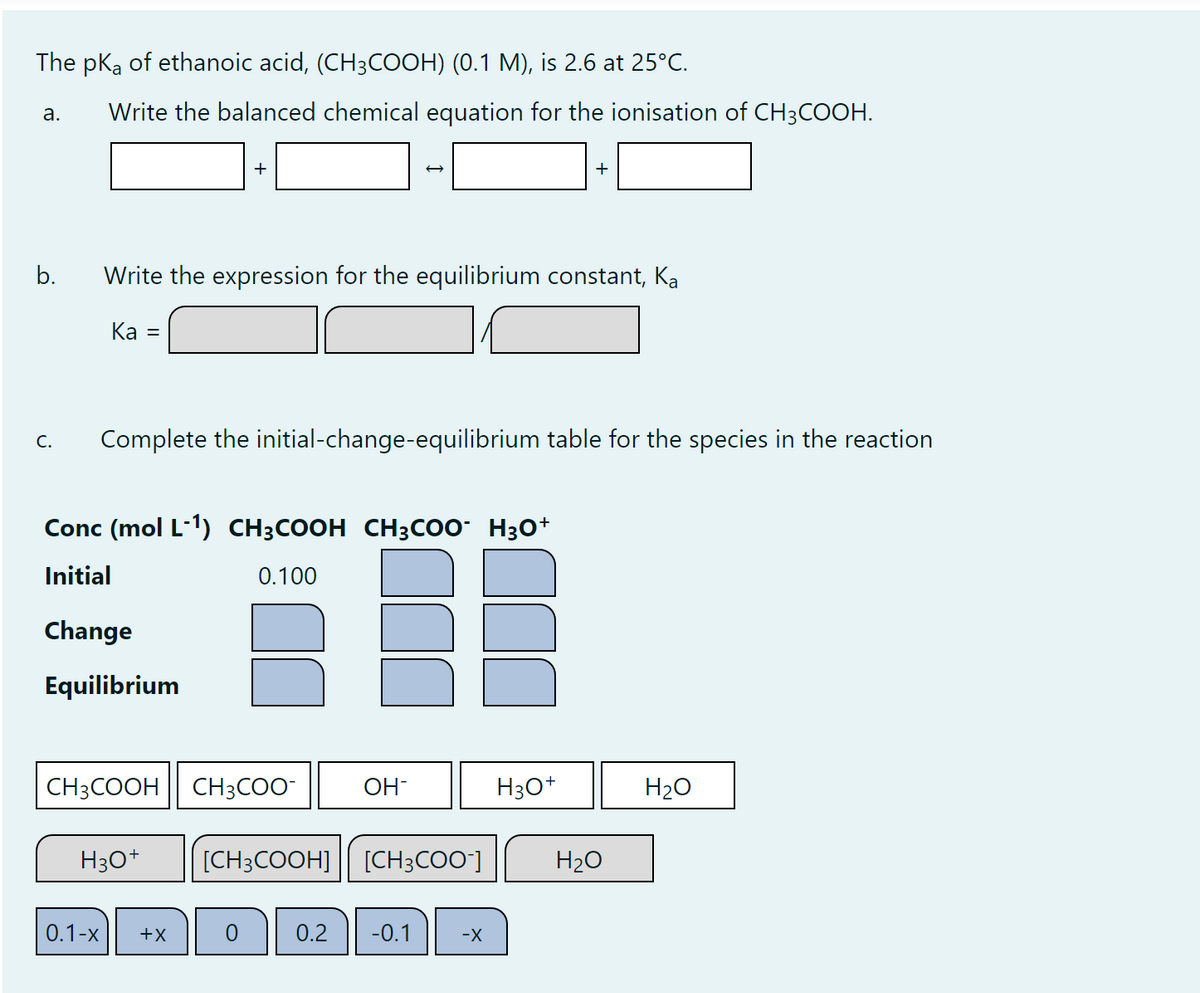 The pka of ethanoic acid, (CH3COOH) (0.1 M), is 2.6 at 25°C.
Write the balanced chemical equation for the ionisation of CH3COOH.
a.
b.
C.
Ka =
Write the expression for the equilibrium constant, Ka
Complete the initial-change-equilibrium table for the species in the reaction
Conc (mol L-1) CH³COOH CH³COO¯ H³O+
Initial
0.100
Change
Equilibrium
CH3COOH
+
H3O+
0.1-x +X
CH3COO-
0
OH-
[CH3COOH] [CH3COO-]
+
0.2 -0.1 -X
H3O+
H₂O
H₂O