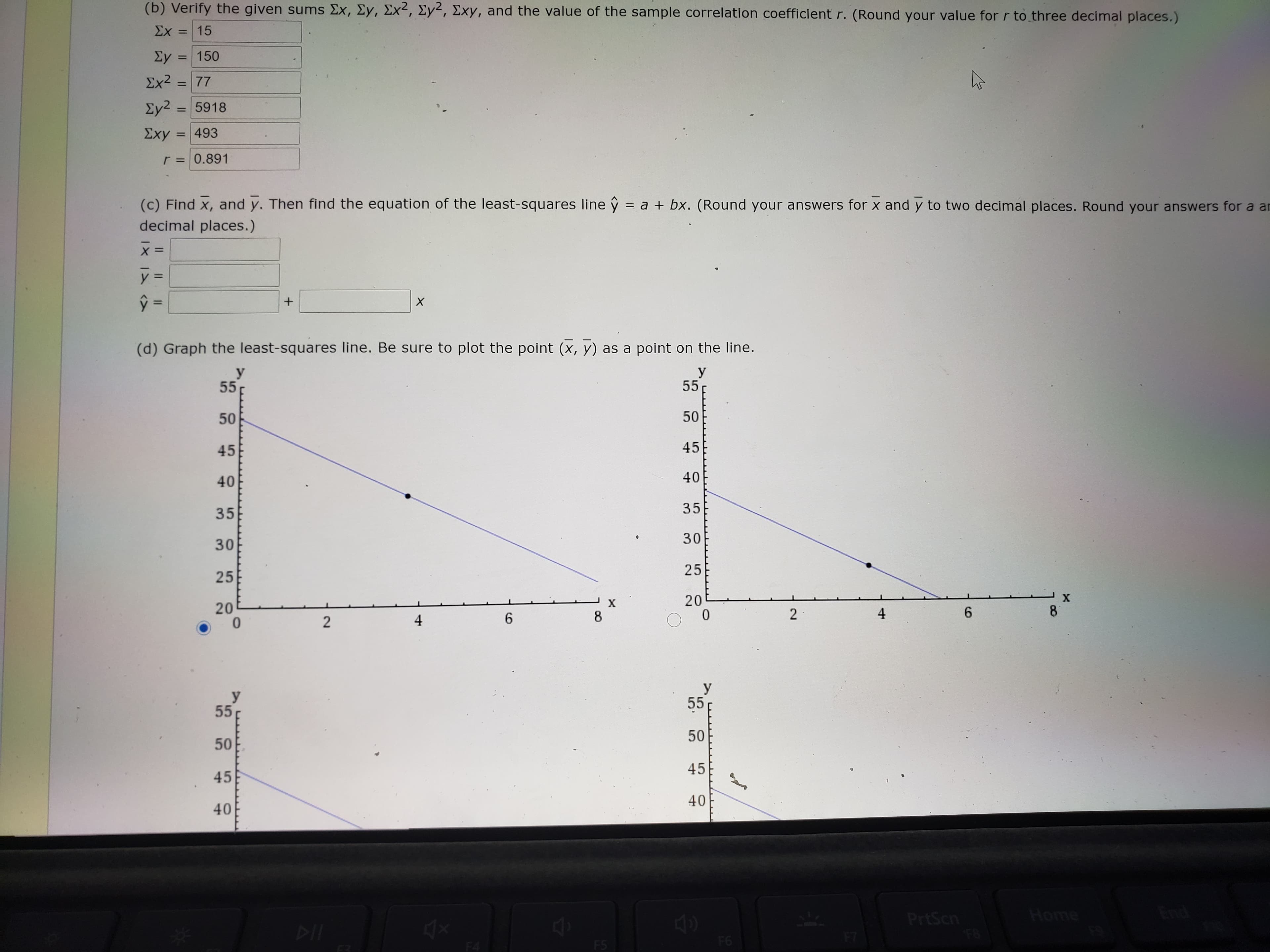 ý =
(c) Find x, and y. Then find the equation of the least-squares line ŷ = a + bx. (Round your answers for x and y to two decimal places. Round your answers for a a
decimal places.)
I1 11
