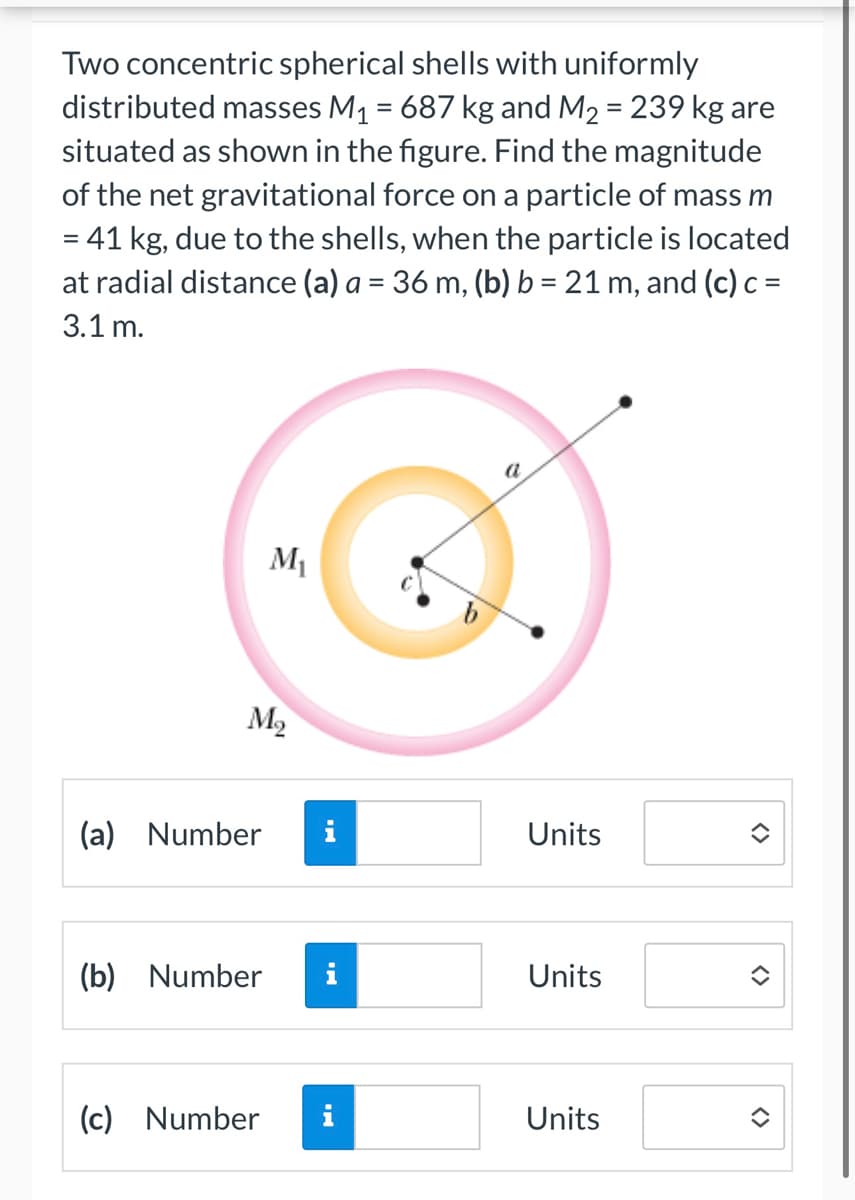 Two concentric spherical shells with uniformly
distributed masses M₁ = 687 kg and M₂ = 239 kg are
situated as shown in the figure. Find the magnitude
of the net gravitational force on a particle of mass m
= 41 kg, due to the shells, when the particle is located
at radial distance (a) a = 36 m, (b) b = 21 m, and (c) c =
3.1 m.
M₂
(a) Number
(b) Number
M₁
(c) Number
H.
i
i
a
Units
Units
Units