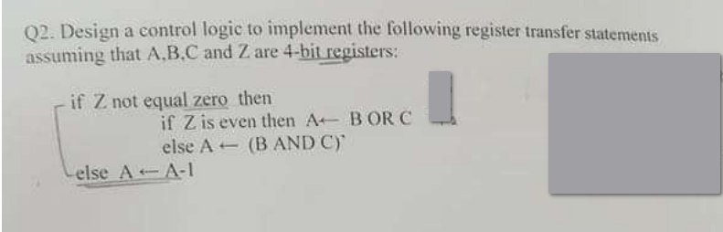 Q2. Design a control logic to implement the following register transfer statements
assuming that A,B,C and Z are 4-bit registers:
if Z not equal zero then
if Z is even then A B OR C
else A (B AND C)
Lelse A-A-I