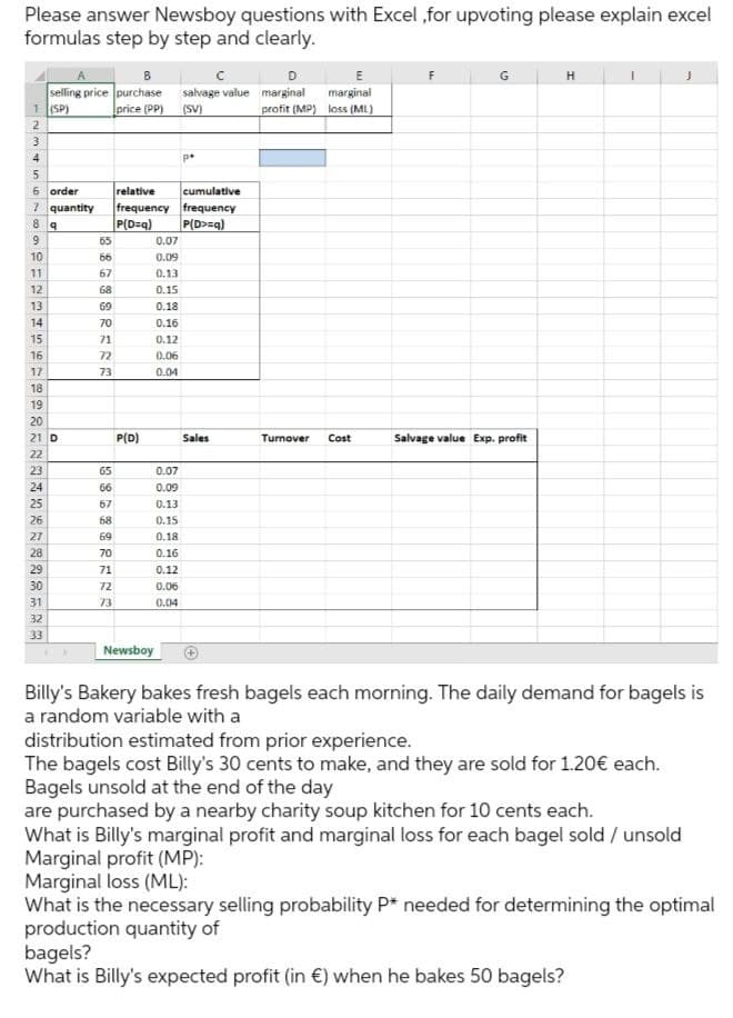 Please answer Newsboy questions with Excel ,for upvoting please explain excel
formulas step by step and clearly.
G
H
salvage value marginal
(SV)
selling price purchase
marginal
1 (SP)
price (PP)
profit (MP) loss (ML)
2
5
cumulative
6 order
7 quantity
relative
frequency frequency
P(D=q)
P(D>=q)
9.
65
0.07
10
66
0.09
11
67
0.13
12
68
0.15
13
69
0.18
14
70
0.16
15
71
0.12
16
72
0.06
17
73
0.04
18
19
20
21 D
P(D)
Sales
Turnover
Cost
Salvage value Exp. profit
22
23
65
0.07
24
66
0.09
25
67
0.13
26
68
0.15
27
69
0.18
28
70
0.16
29
71
0.12
30
72
0.06
31
73
0.04
32
33
Newsboy
Billy's Bakery bakes fresh bagels each morning. The daily demand for bagels is
a random variable with a
distribution estimated from prior experience.
The bagels cost Billy's 30 cents to make, and they are sold for 1.20€ each.
Bagels unsold at the end of the day
are purchased by a nearby charity soup kitchen for 10 cents each.
What is Billy's marginal profit and marginal loss for each bagel sold / unsold
Marginal profit (MP):
Marginal loss (ML):
What is the necessary selling probability P* needed for determining the optimal
production quantity of
bagels?
What is Billy's expected profit (in €) when he bakes 50 bagels?
