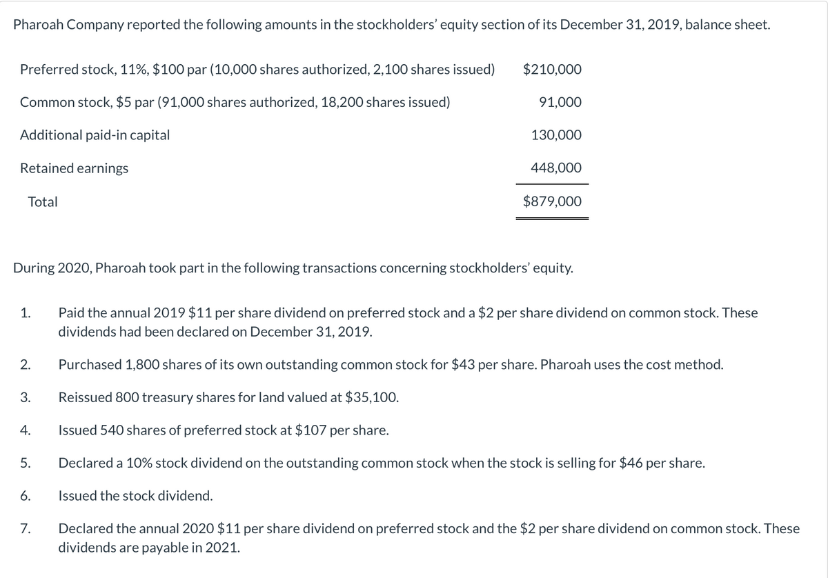 Pharoah Company reported the following amounts in the stockholders' equity section of its December 31, 2019, balance sheet.
Preferred stock, 11%, $100 par (10,000 shares authorized, 2,100 shares issued)
Common stock, $5 par (91,000 shares authorized, 18,200 shares issued)
Additional paid-in capital
Retained earnings
Total
1.
2.
3.
4.
During 2020, Pharoah took part in the following transactions concerning stockholders' equity.
5.
6.
$210,000
7.
91,000
130,000
448,000
$879,000
Paid the annual 2019 $11 per share dividend on preferred stock and a $2 per share dividend on common stock. These
dividends had been declared on December 31, 2019.
Purchased 1,800 shares of its own outstanding common stock for $43 per share. Pharoah uses the cost method.
Reissued 800 treasury shares for land valued at $35,100.
Issued 540 shares of preferred stock at $107 per share.
Declared a 10% stock dividend on the outstanding common stock when the stock is selling for $46 per share.
Issued the stock dividend.
Declared the annual 2020 $11 per share dividend on preferred stock and the $2 per share dividend on common stock. These
dividends are payable in 2021.