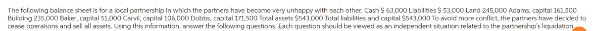 The following balance sheet is for a local partnership in which the partners have become very unhappy with each other. Cash $ 63,000 Liabilities $ 53,000 Land 245,000 Adams, capital 161,500
Building 235,000 Baker, capital 51,000 Carvil, capital 106,000 Dobbs, capital 171,500 Total assets $543,000 Total liabilities and capital $543,000 To avoid more conflict, the partners have decided to
cease operations and sell all assets. Using this information, answer the following questions. Each question should be viewed as an independent situation related to the partnership's liquidation.