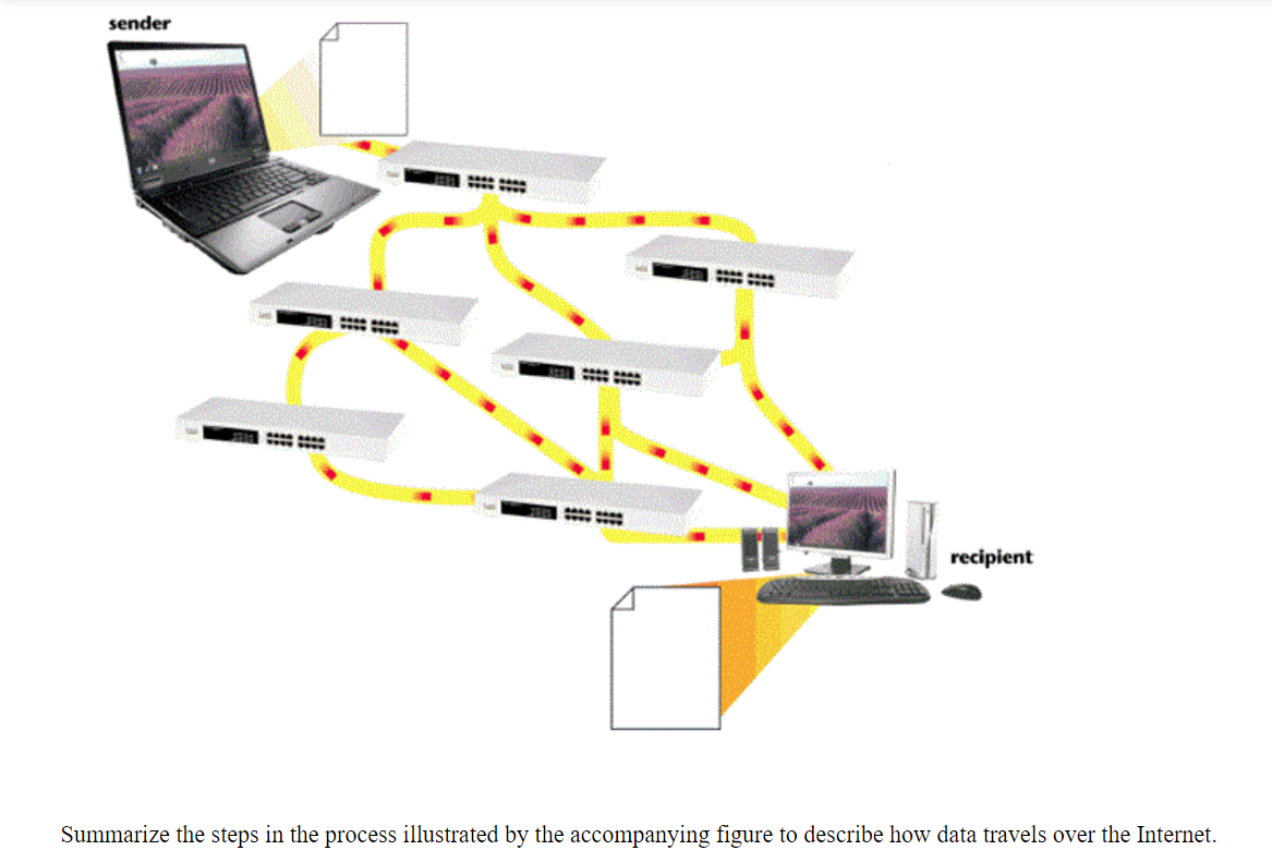 sender
6400
www
****
**** *AND
wwww
**** ***
me
2000 2000
********
recipient
Summarize the steps in the process illustrated by the accompanying figure to describe how data travels over the Internet.