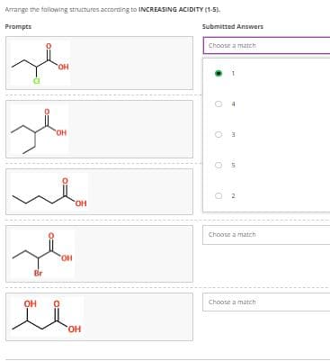 Arrange the fallowing structures according to INCREASING ACIDITY (1-5).
Prompts
Submitted Answers
Choose a match
HO.
be
HO,
Choose a match
HO,
Br
Choose a match
HO,
in
