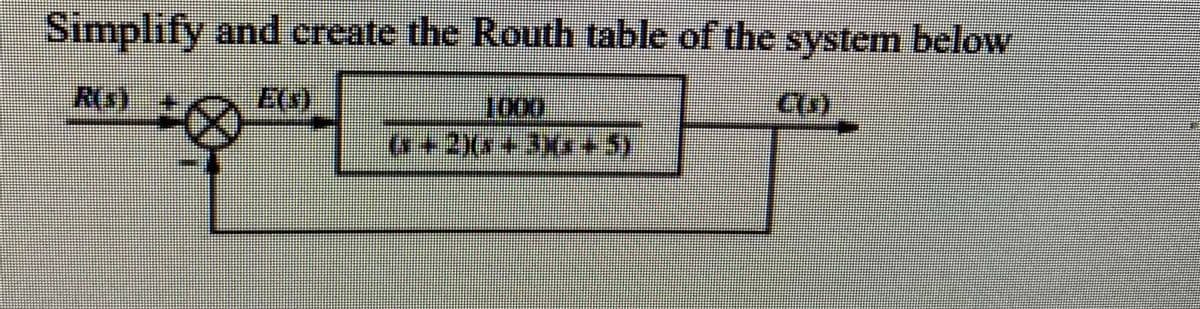 Simplify and create the Routh table of the system below
R(s)
EG)
1000
(*+2Xx +3X+5)
