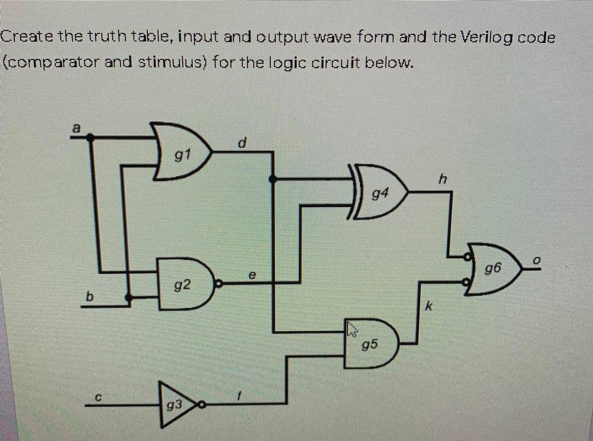 Create the truth table, input and output wave form and the Verilog code
(comparator and stimulus) for the logic circuit below.
a.
91
94
b.
g2
g6
k
93
