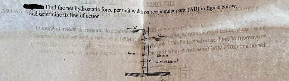 Find the net hydrostatic force per unit width on rectangular panel(AB) in figure below,
Таям ЭНТ
THAHD and determine its line of action.
10102251 +
SMY
11:sugit ni nworla 26 9102291q 1i6 sidstev G
을
(8) 1916w bns (A) To znistros inst wond & Add
biswnwob Istot adt ad lliw fsdw 9859 (59M 1) at salad of grous mont babbe viwola ais
2m
(69M0405)
blupil toy bites
1m
to allu
vs 9XGT Sis lio to 956huz 9911 9rt to insmevom
50/6/2010yd algskamuloy sgnsda tor Water 2m03 9rit 9muz2A 1916w 101 (69M 250S) bas lio 10t
Glycerin
B y=1236 kN/m3
១៣. VA
wana
may 005