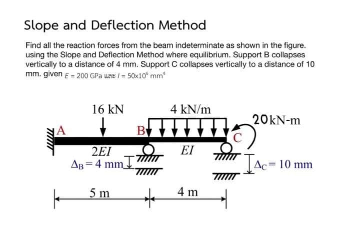 Slope and Deflection Method
Find all the reaction forces from the beam indeterminate as shown in the figure.
using the Slope and Deflection Method where equilibrium. Support B collapses
vertically to a distance of 4 mm. Support C collapses vertically to a distance of 10
mm. given E = 200 GPa uaz / = 50x105 mm²
A
|
16 kN
2EI
7
AB=4 mm ITT
5 m
★
4 kN/m
ΕΙ
4 m
20kN-m
Ac=10 mm