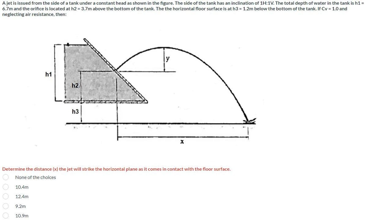 A jet is issued from the side of a tank under a constant head as shown in the figure. The side of the tank has an inclination of 1H:1V. The total depth of water in the tank is h1 =
6.7m and the orifice is located at h2 = 3.7m above the bottom of the tank. The the horizontal floor surface is at h3 = 1.2m below the bottom of the tank. If Cv = 1.0 and
neglecting air resistance, then:
h1
h3
X
Determine the distance (x) the jet will strike the horizontal plane as it comes in contact with the floor surface.
None of the choices
10.4m
12.4m
9.2m
10.9m
h2