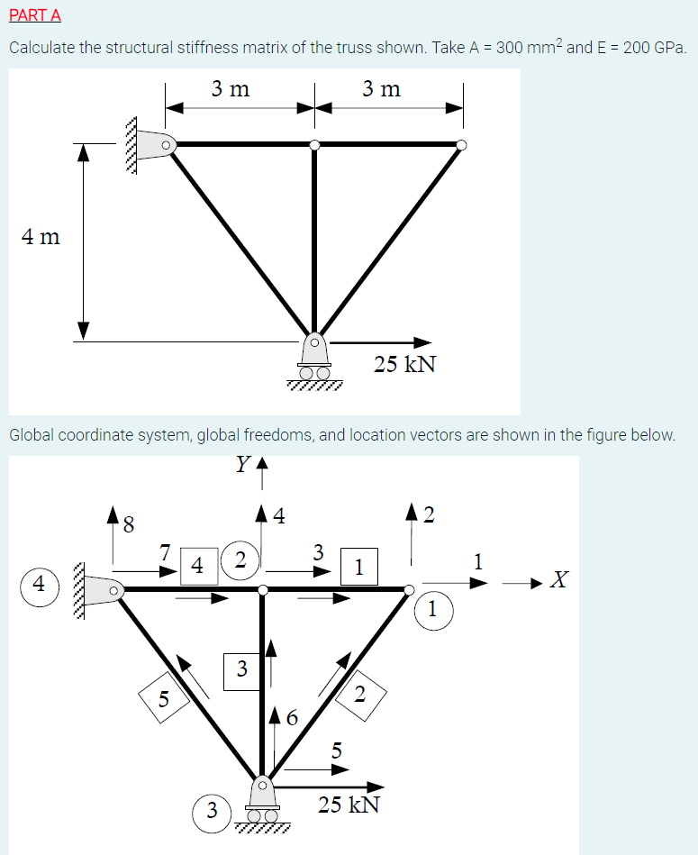 PART A
Calculate the structural stiffness matrix of the truss shown. Take A = 300 mm² and E = 200 GPa.
3 m
3 m
4 m
Global coordinate system, global freedoms, and location vectors are shown in the figure below.
Y
++
4
8
7
5
4
3
2
3
A4
O
6
3
5
25 KN
1
2
25 KN
42
1
1
X