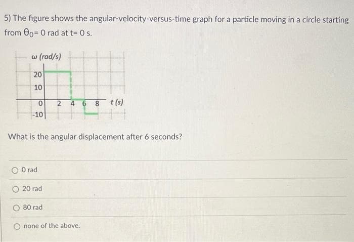 5) The figure shows the angular-velocity-versus-time graph for a particle moving in a circle starting
from 0o= 0 rad at t= 0 s.
w (rad/s)
20
10
O
-10
O rad
20 rad
2
What is the angular displacement after 6 seconds?
80 rad
6 8
none of the above.
t (s)