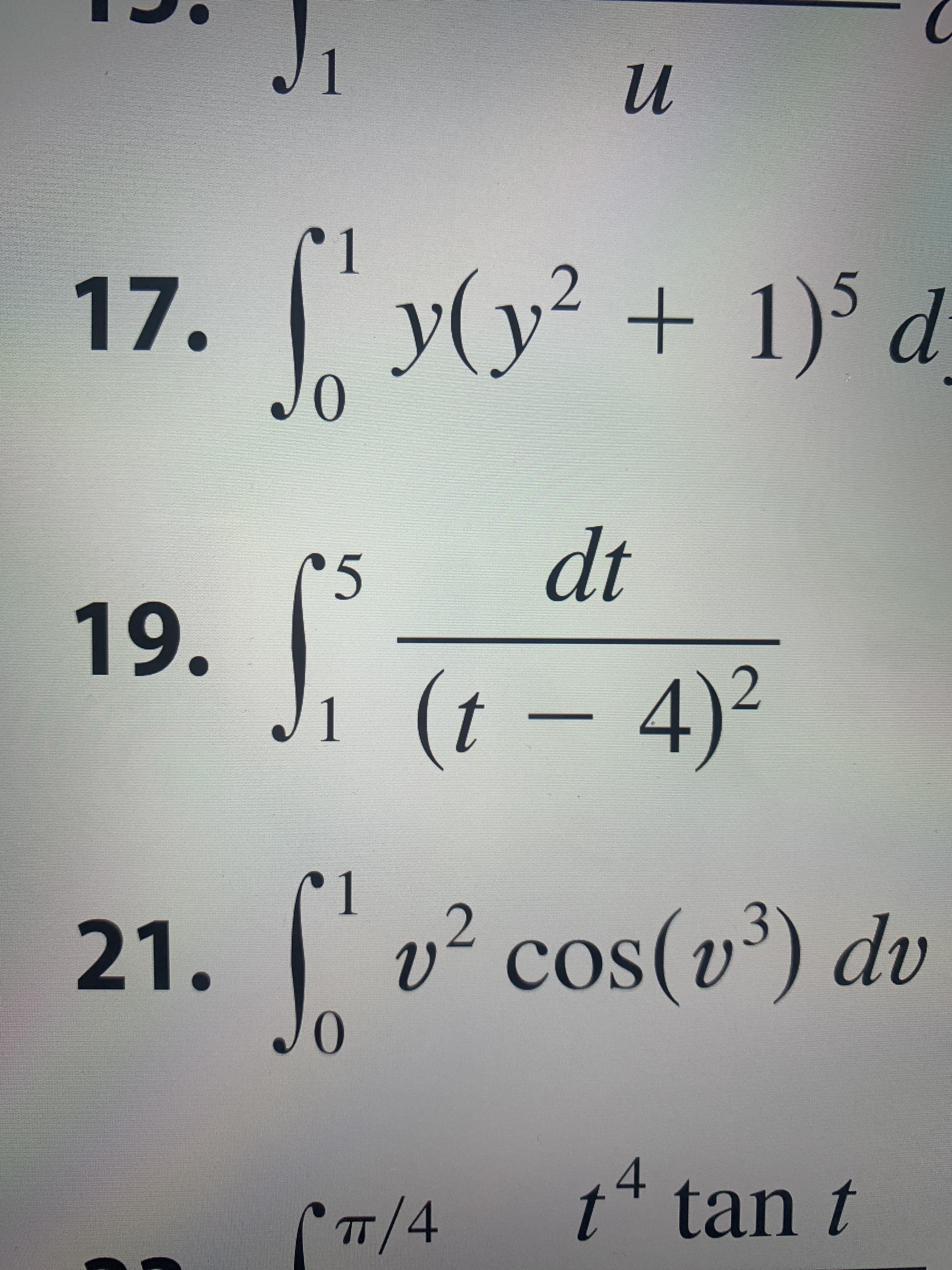 J1
1
5
17.
y(y+1) d
dt
SC
19.
1
(t 4)
2
v2 cos(v3) dv
21.
0
t tan t
T/4
