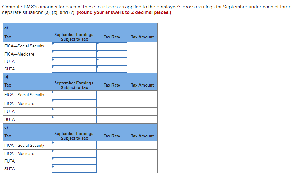 Compute BMX's amounts for each of these four taxes as applied to the employee's gross earnings for September under each of three
separate situations (a), (b), and (c). (Round your answers to 2 decimal places.)
a)
Tax
FICA-Social Security
FICA-Medicare
FUTA
SUTA
b)
Tax
FICA-Social Security
FICA-Medicare
FUTA
SUTA
c)
Tax
FICA-Social Security
FICA-Medicare
FUTA
SUTA
September Earnings
Subject to Tax
September Earnings
Subject to Tax
September Earnings
Subject to Tax
Tax Rate
Tax Rate
Tax Rate
Tax Amount
Tax Amount
Tax Amount