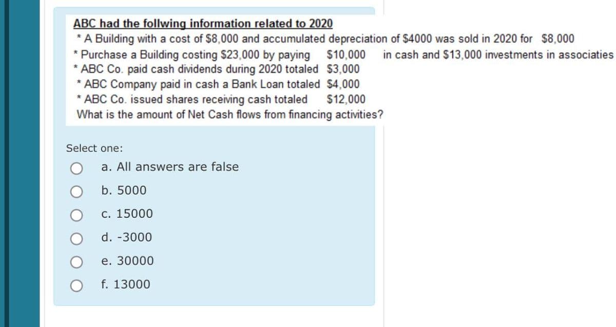 ABC had the following information related to 2020
* A Building with a cost of $8,000 and accumulated depreciation of $4000 was sold in 2020 for $8,000
* Purchase a Building costing $23,000 by paying $10,000 in cash and $13,000 investments in associaties
* ABC Co. paid cash dividends during 2020 totaled $3,000
* ABC Company paid in cash a Bank Loan totaled $4,000
* ABC Co. issued shares receiving cash totaled $12,000
What is the amount of Net Cash flows from financing activities?
Select one:
a. All answers are false
b. 5000
c. 15000
d. -3000
e. 30000
f. 13000