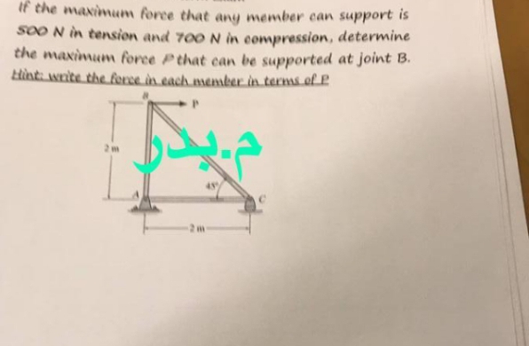 If the maximum force that any member can support is
SOO N in tension and 700 N in compression, determine
the maximum force that can be supported at joint B.
Hint: write the force in each member in terms of P
F
2m