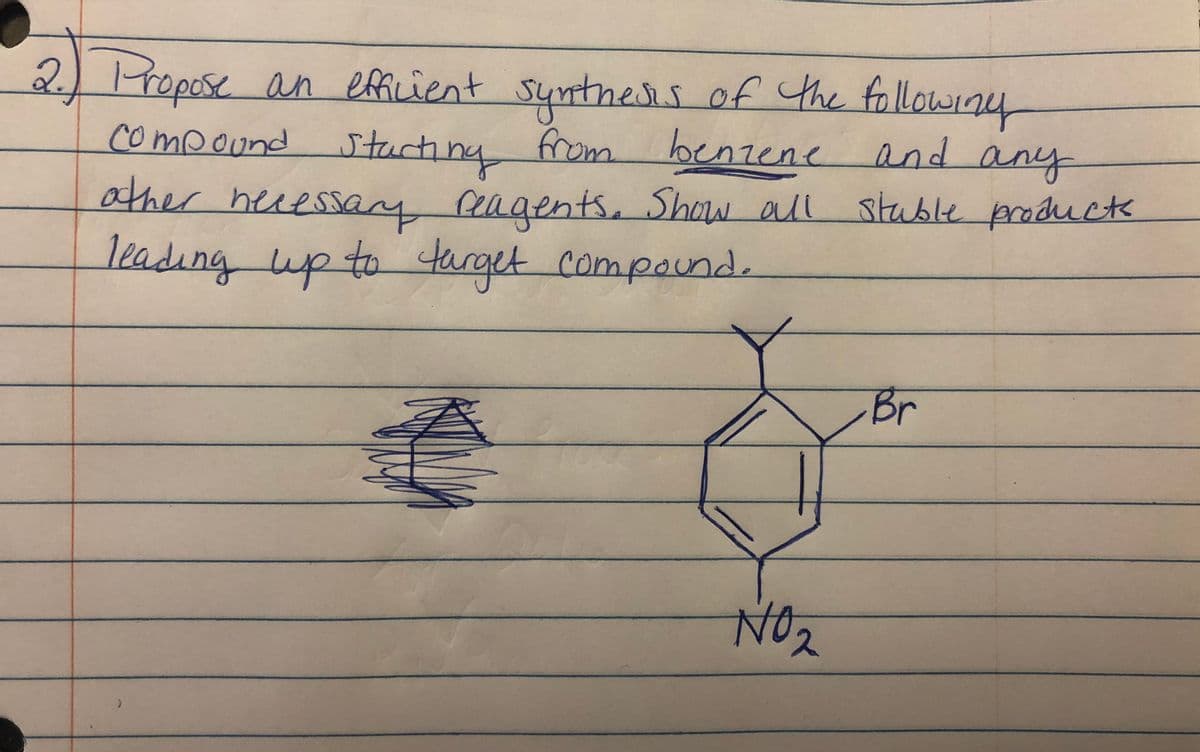 )1ropose iny
2.
compound Jtucting from benzene and
other heuessay agents, Show all
leading up to target
an efficient suntness of the follown
any
l stuble producte
to
compound.
Br
NO2
