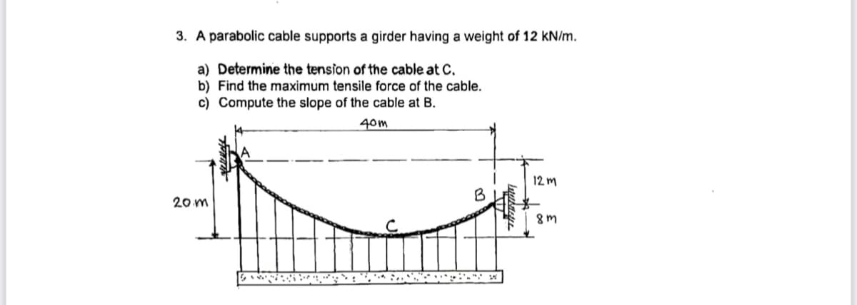 3. A parabolic cable supports a girder having a weight of 12 KN/m.
a) Determine the tension of the cable at C.
b) Find the maximum tensile force of the cable.
c) Compute the slope of the cable at B.
40m
12 m
B
20 m
