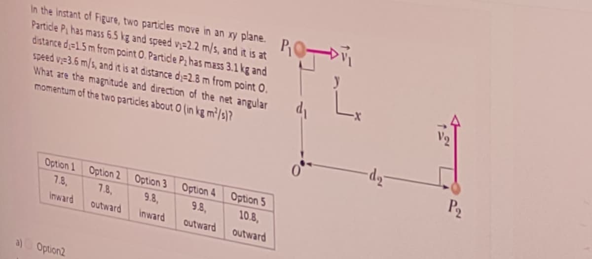 In the Instant of Figure, two particles move in an xy plane.
Particle Pi has mass 6.5 kg and speed vy=2.2 m/s, and it is at
distance d=15 m from point 0. Partide P2 has mass 3.1 kg and
speed v-3.6 m/s, and it is at distance d;=2.8 m from point O.
What are the magnitude and direction of the net angular
momentum of the two particles about O (in kg m2/s)?
PO-
V2
P2
Option 1
Option 2
Option 3
Option 4
Option 5
7.8,
7.8,
9.8,
9.8,
10.8,
Inward
outward
Inward
outward
outward
a)
Option2
