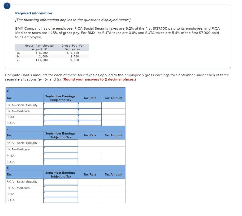a)
Tax
BMX Company has one employee. FICA Social Security taxes are 6.2% of the first $137,700 paid to its employee, and FICA
Medicare taxes are 1.45% of gross pay. For BMX, its FUTA taxes are 0.6% and SUTA taxes are 5.4% of the first $7,000 paid
to its employee.
Required information
[The following information applies to the questions displayed below.]
FUTA
SUTA
b)
Tax
Compute BMX's amounts for each of these four taxes as applied to the employee's gross earnings for September under each of three
separate situations (a), (b), and (c). (Round your answers to 2 decimal places.)
FUTA
SUTA
C)
Tax
a.
b.
C.
FICA-Social Security
FICA-Medicare.
Gross Pay through
August 31
$ 6,300
2,600
133,200
FICA-Social Security
FICA-Medicare.
FUTA
SUTA
FICA-Social Security
FICA-Medicare
Gross Pay for
September
$1,800
2,700
9,800
September Earnings
Subject to Tax
September Earnings
Subject to Tax
September Earnings
Subject to Tax
Tax Rate
Tax Rate
Tax Rate
Tax Amount
Tax Amount
Tax Amount