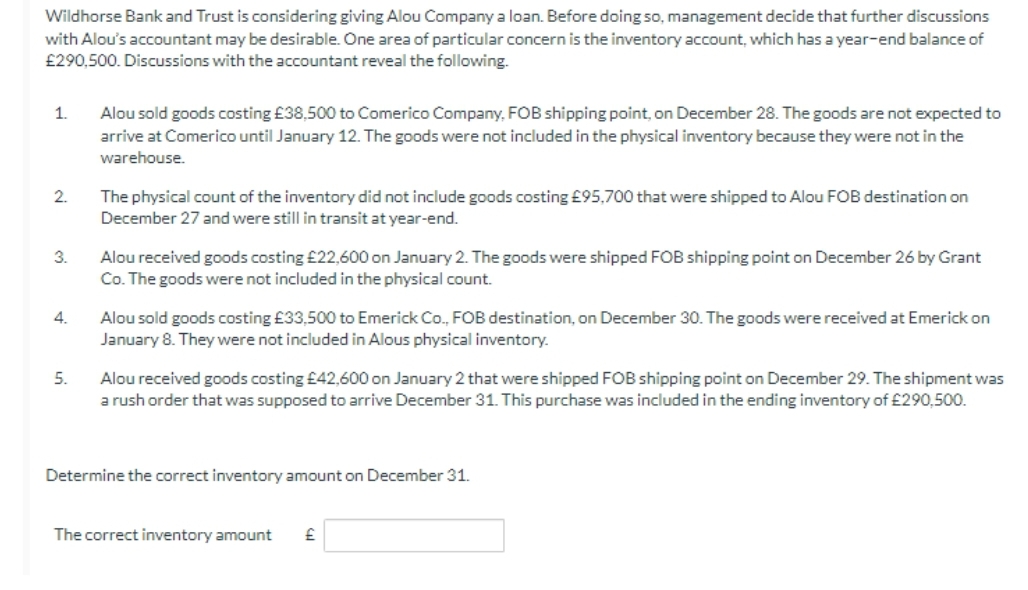 Wildhorse Bank and Trust is considering giving Alou Company a loan. Before doing so, management decide that further discussions
with Alou's accountant may be desirable. One area of particular concern is the inventory account, which has a year-end balance of
£290,500. Discussions with the accountant reveal the following.
1.
2.
3.
4.
5.
Alou sold goods costing £38,500 to Comerico Company, FOB shipping point, on December 28. The goods are not expected to
arrive at Comerico until January 12. The goods were not included in the physical inventory because they were not in the
warehouse.
The physical count of the inventory did not include goods costing £95,700 that were shipped to Alou FOB destination on
December 27 and were still in transit at year-end.
Alou received goods costing £22,600 on January 2. The goods were shipped FOB shipping point on December 26 by Grant
Co. The goods were not included in the physical count.
Alou sold goods costing £33,500 to Emerick Co., FOB destination, on December 30. The goods were received at Emerick on
January 8. They were not included in Alous physical inventory.
Alou received goods costing £42,600 on January 2 that were shipped FOB shipping point on December 29. The shipment was
a rush order that was supposed to arrive December 31. This purchase was included in the ending inventory of £290,500.
Determine the correct inventory amount on December 31.
The correct inventory amount £