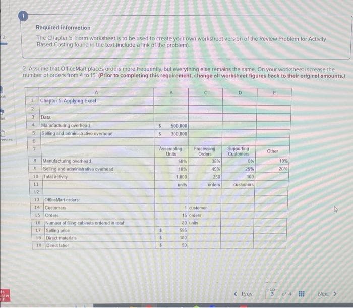 int
rences
Ac
raw
Required information.
The Chapter 5 Form worksheet is to be used to create your own worksheet version of the Review Problem for Activity
Based Costing found in the text (include a link of the problem)
2. Assume that OfficeMart places orders more frequently, but everything else remains the same. On your worksheet increase the
number of orders from 4 to 15. (Prior to completing this requirement, change all worksheet figures back to their original amounts.)
A
1 Chapter 5: Applying Excel
2
3
4 Manufacturing overhead
5 Selling and administrative overhead
6
7
Data
8 Manufacturing overhead
9
10
Selling and administrative overhead
Total activity
12
13 OfficeMart orders
14 Customers
15 Orders
16 Number of filing cabinets ordered in total
17 Selling price
18 Direct materials
19
Direct labor
B
$ 500,000
$ 300,000
Assembling
Units
$
$
$
50%
10%
1,000
units
C
Processing
Orders
1 customer
15 orders
30 units
595
100
50
35%
45%
250
orders
D
Supporting
Customers
5%
25%
100
customers
< Prev
Other
8
3
10%
20%
of 4
Next >