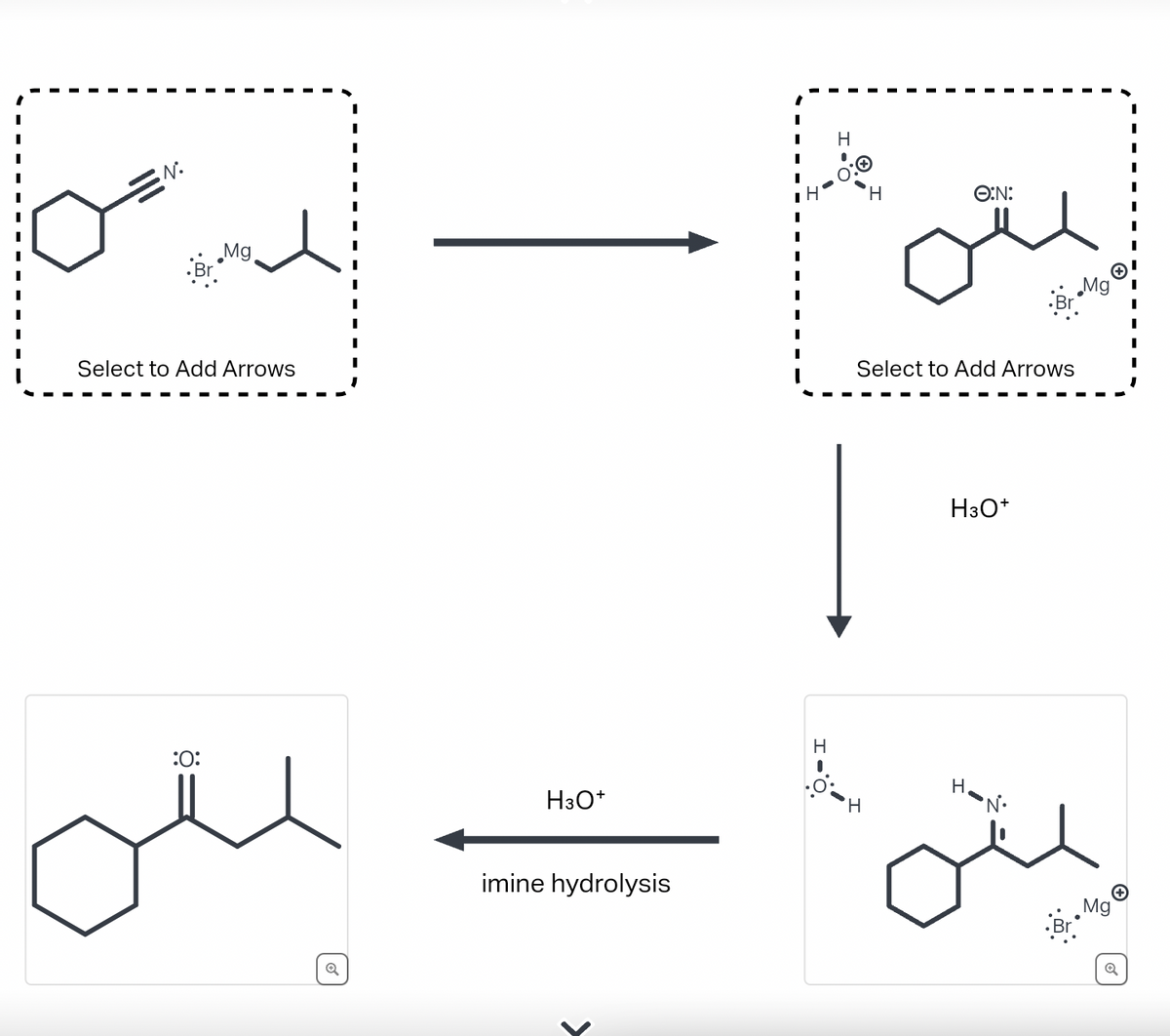 N.
Mg
Br
Select to Add Arrows
:O:
ou
H3O+
imine hydrolysis
I H
H
'Н
H
Ⓒ:N:
Select to Add Arrows
H3O+
H
Br
"N°•
Br
Mg
Mg
I
I
I
I