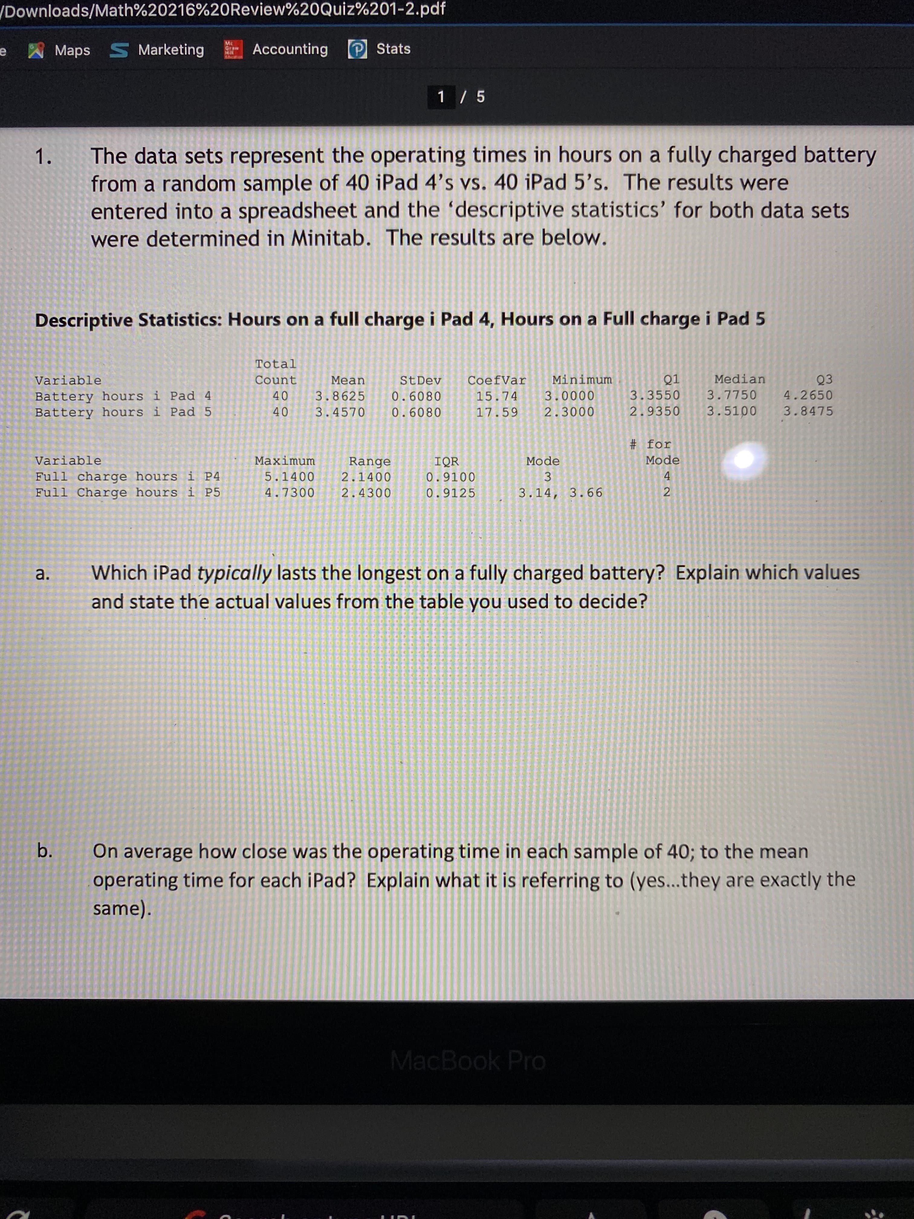 The data sets represent the operating times in hours on a fully charged battery
from a random sample of 40 iPad 4's vs. 40 iPad 5's. The results were
entered into a spreadsheet and the 'descriptive statistics’ for both data sets
were determined in Minitab. The results are below.
