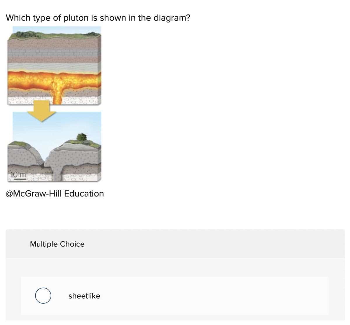 Which type of pluton is shown in the diagram?
10 m
@McGraw-Hill Education
Multiple Choice
O
sheetlike