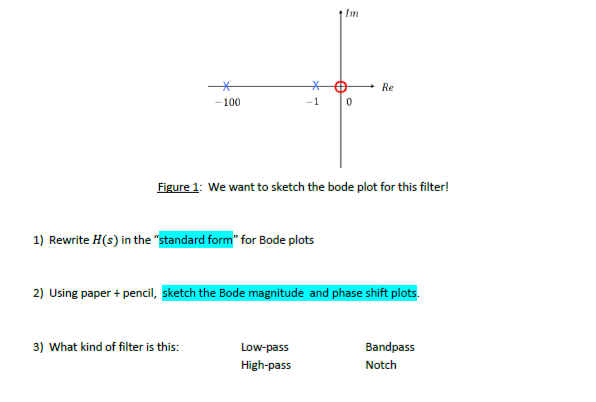 Im
+ Re
-100
-1
Figure 1: We want to sketch the bode plot for this filter!
1) Rewrite H(s) in the "standard form" for Bode plots
2) Using paper + pencil, sketch the Bode magnitude and phase shift plots.
3) What kind of filter is this:
Low-pass
Bandpass
High-pass
Notch
