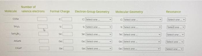 Number of
Molecule
valence electrons
Formal Charge Electron-Group Geometry
Molecular Geometry
Resonance
Cose
CSelect one
CSelect one.
Select one
SHa
slSelect one
S Select one
Select one
SeHBr:
Se
Se: Select one
Se Select one
Select one
AIGEN
Ge:
Ge: Select one
Ge: Select one .
Select one
OGEP
Ge:
Ge: Select one..
Ge: Select one
Select one
