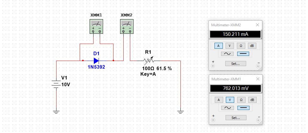 XMM1
XMM2
Multimeter-XMM2
150.211 mA
A
52
D1
R1
Set...
1N5392
1000 61.5 %
Key=A
V1
Multimeter-XMM1
-10V
762.013 mV
A
Set...
