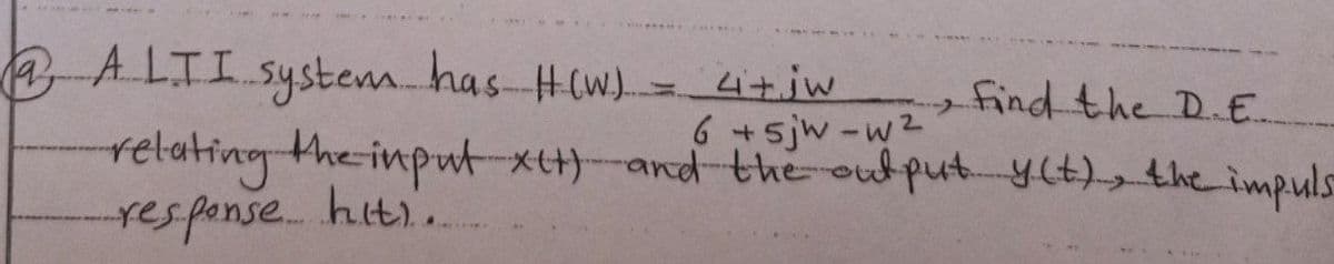 a-ALII system. has- H(w). 4+jw
find the D. E.
6 +sjw -w2
relating the input xt)-and the oulput y(t) the impuls
respanse..
hiti..
