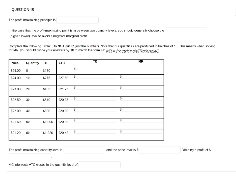 QUESTION 15
The profit-maximizing principle is
In the case that the profit-maximizing point is in between two quantity levels, you should generally choose the
(higher, lower) level to avoid a negative marginal profit.
Complete the following Table: (Do NOT put '$', just the number). Note that our quantities are produced in batches of 10. This means when solving
for MR, you should divide your answers by 10 to match the formula: MR = fractriangleTRtriangleQ
TR
MR
Price
Quantity TC
ATC
SO
$25.00
$130
$
$24.00
10
$275
$27.50
$23.00 20
$
$21.75
$435
$
$22.50
30
$610
$20.33
$
$22.00
40
$800
$20.00
$
$21.60
50
$1,005
$20.10
$
$21.20 60
$1,225
$20.42
The profit-maximizing quantity level is
and the price level is $
Yielding a profit of $
MC intersects ATC closes to the quantity level of
