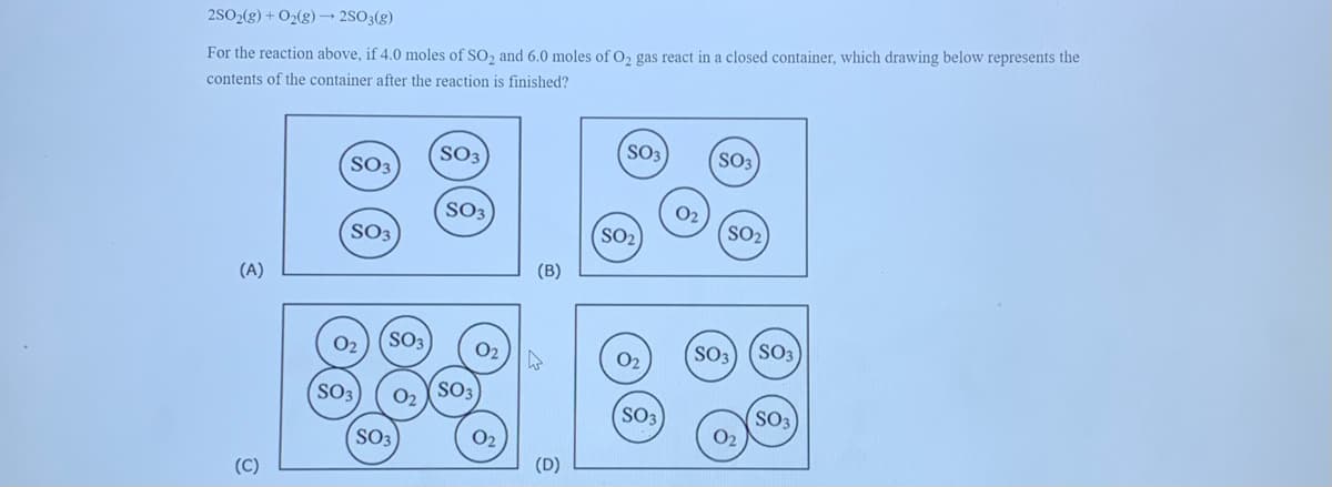 2SO2(g) + O2(g)→ 2SO3(g)
For the reaction above, if 4.0 moles of SO2 and 6.0 moles of O2 gas react in a closed container, which drawing below represents the
contents of the container after the reaction is finished?
SO3
SO3
SO3
SO3
SO3
O2
SO3
(SO2
SO2
(A)
(B)
O2
SO3
02
SO3
SO3
O2
SO3
02 SO3
SO3
SO3
O2
SO3
O2
(D)
